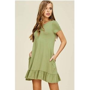 Casual Olive Green Ruffle-Hem Mini Dress with Pockets